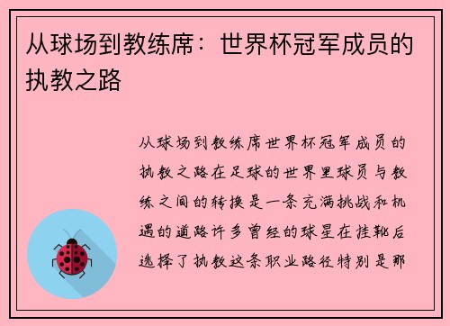 从球场到教练席：世界杯冠军成员的执教之路