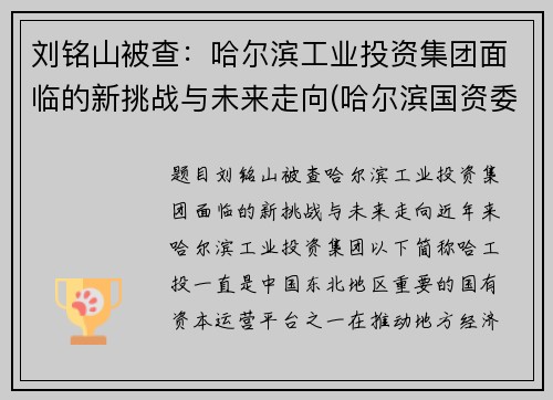 刘铭山被查：哈尔滨工业投资集团面临的新挑战与未来走向(哈尔滨国资委刘明宇简介)
