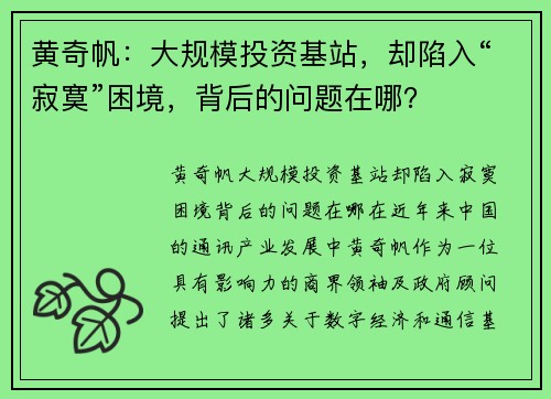 黄奇帆：大规模投资基站，却陷入“寂寞”困境，背后的问题在哪？