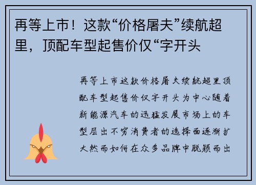再等上市！这款“价格屠夫”续航超里，顶配车型起售价仅“字开头