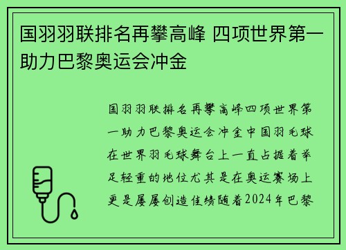 国羽羽联排名再攀高峰 四项世界第一助力巴黎奥运会冲金