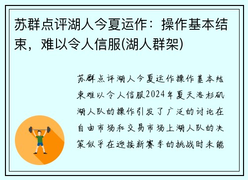 苏群点评湖人今夏运作：操作基本结束，难以令人信服(湖人群架)