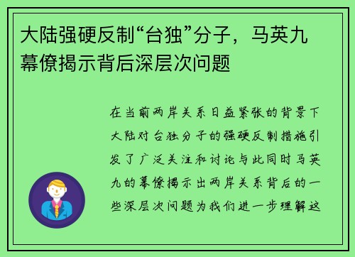 大陆强硬反制“台独”分子，马英九幕僚揭示背后深层次问题