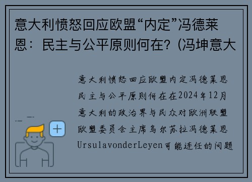 意大利愤怒回应欧盟“内定”冯德莱恩：民主与公平原则何在？(冯坤意大利)