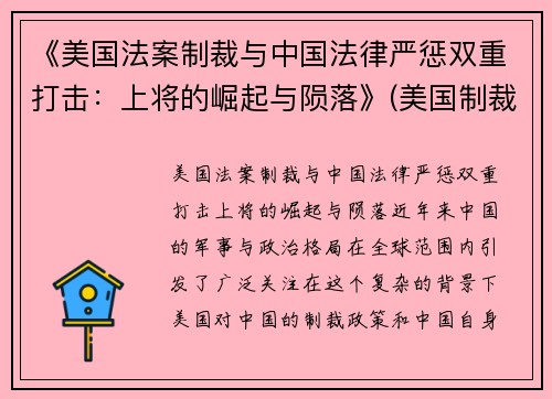 《美国法案制裁与中国法律严惩双重打击：上将的崛起与陨落》(美国制裁法律制度)