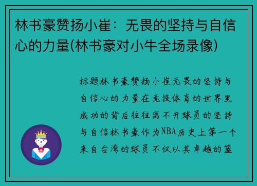 林书豪赞扬小崔：无畏的坚持与自信心的力量(林书豪对小牛全场录像)
