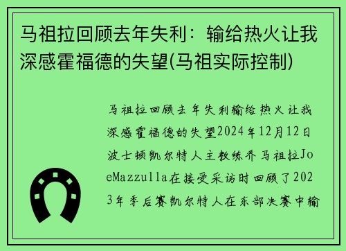 马祖拉回顾去年失利：输给热火让我深感霍福德的失望(马祖实际控制)