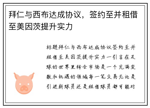 拜仁与西布达成协议，签约至并租借至美因茨提升实力