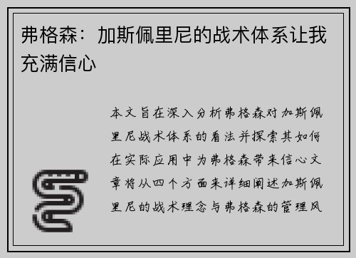弗格森：加斯佩里尼的战术体系让我充满信心