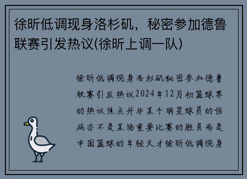 徐昕低调现身洛杉矶，秘密参加德鲁联赛引发热议(徐昕上调一队)