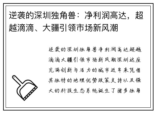 逆袭的深圳独角兽：净利润高达，超越滴滴、大疆引领市场新风潮
