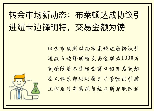 转会市场新动态：布莱顿达成协议引进纽卡边锋明特，交易金额为镑